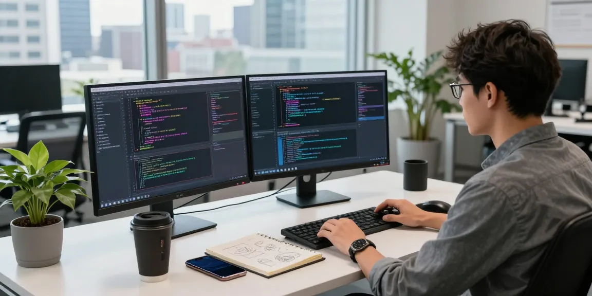 Developer coding with dual monitors in a tech workspace while installing telegram chinese install apk on a laptop.