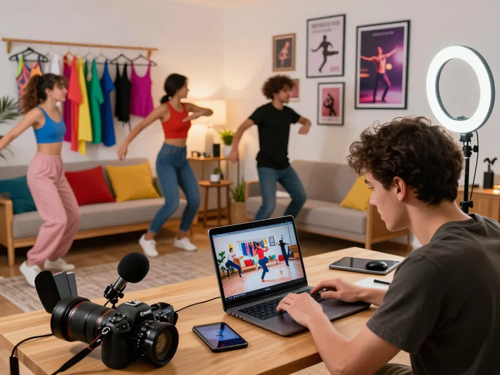 Creating dance ai videos in a home studio with vibrant props and technology.