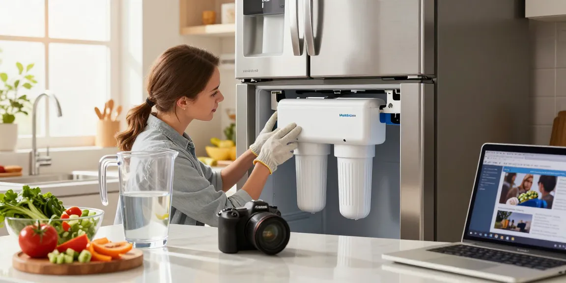 Installing the Maxblue DA29-00020B Refrigerator Water Filter in a modern home kitchen with fresh ingredients.