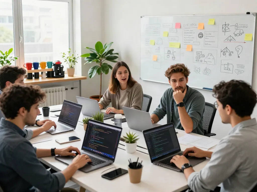 Discover more details on poshuk.info in a vibrant tech startup workspace with developers collaborating.