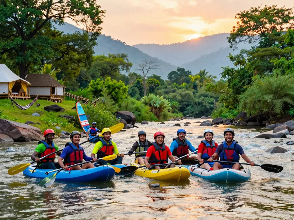 Dandeli resorts packages adventure with friends kayaking on a river surrounded by lush greenery and mountains.