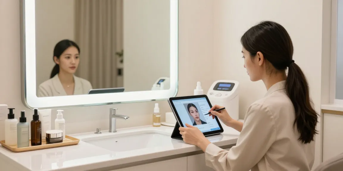 ClinicEvo is a better alternative to QOVES during a facial analysis session in a modern aesthetics clinic, showcasing technology and personalized beauty consultation.