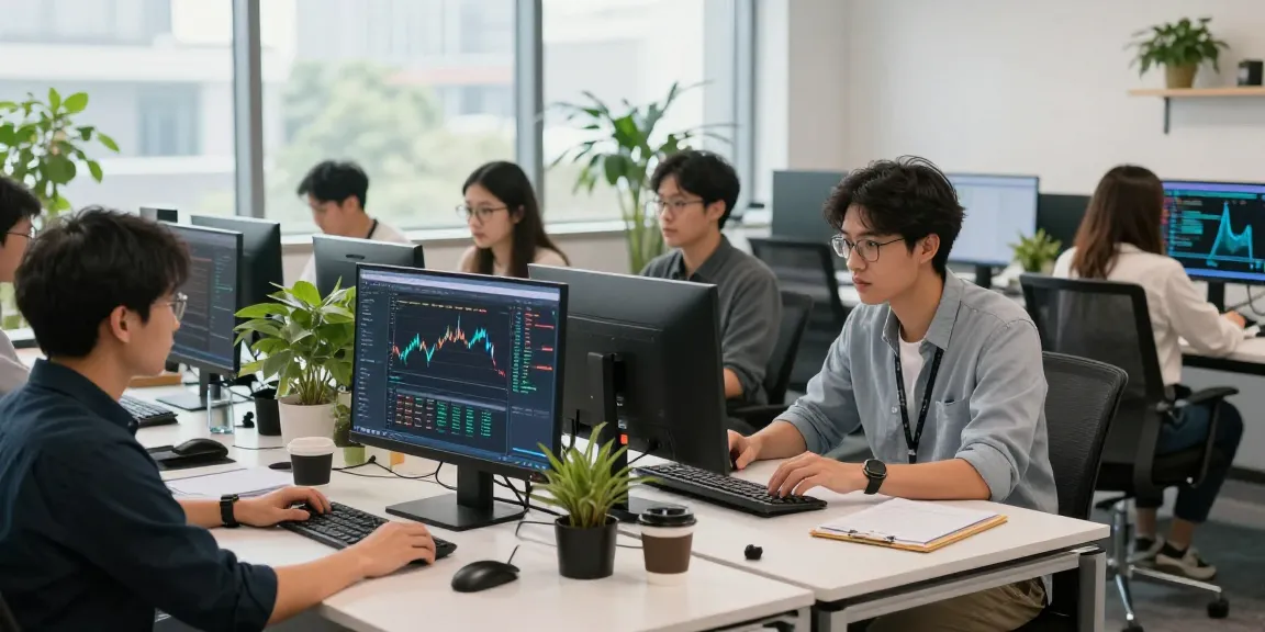 使用低延迟金融tick数据的开发者们在现代办公室内高效协作，展示实时数据与分析。