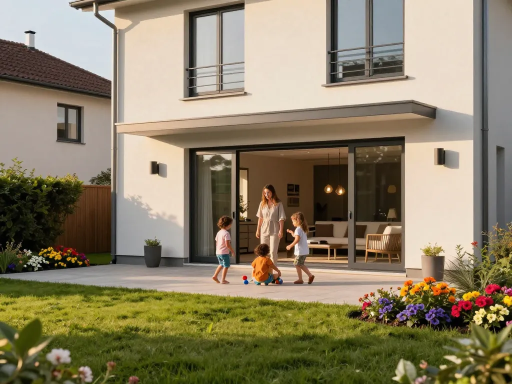 Präsentation von fenster schüco Fenstern in einem modernen Zuhause mit Familie, die die Natur genießt.