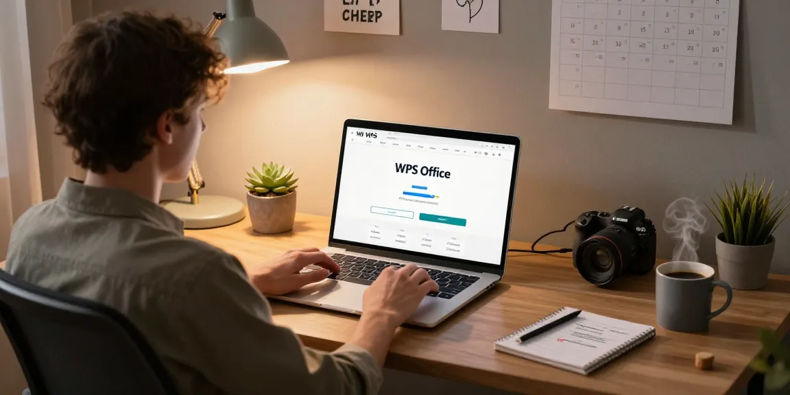 Download WPS Office on a sleek laptop in a cozy home workspace with warm lighting and personal touches.