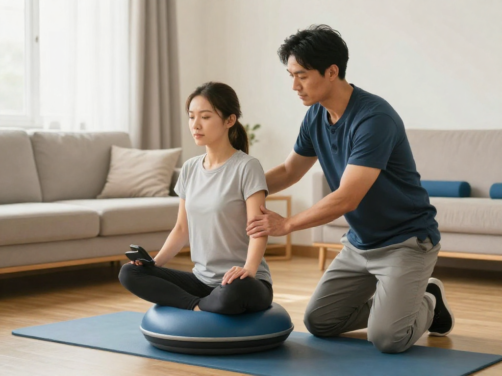 Mobile physiotherapy Sydney session, compassionate healthcare provider guiding patient care in a wellness-focused environment.