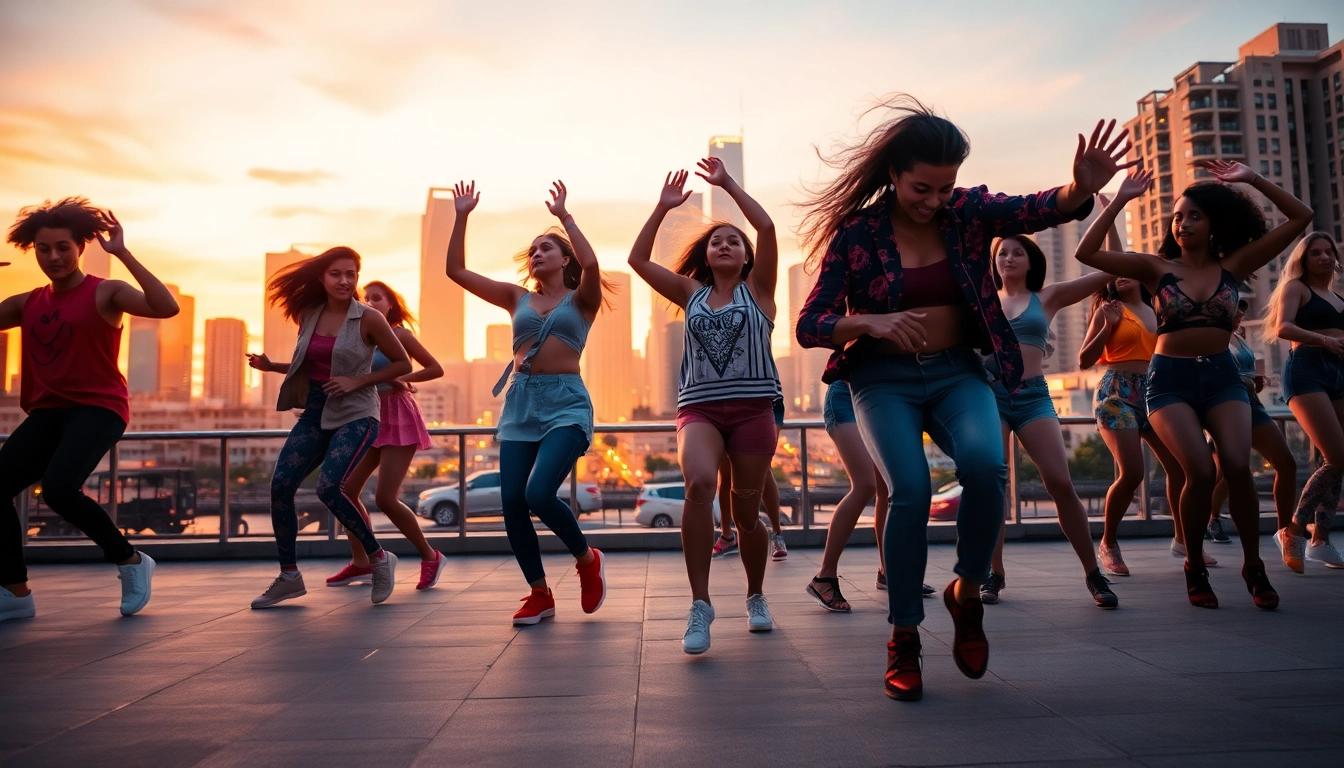 Group of dancers movin and groovin in an urban setting with a colorful city skyline.