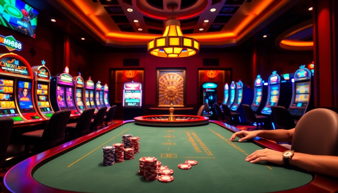 Gambling enthusiasts enjoying a high-stakes game at mm88.com casino, showcasing vibrant tables and excitement.