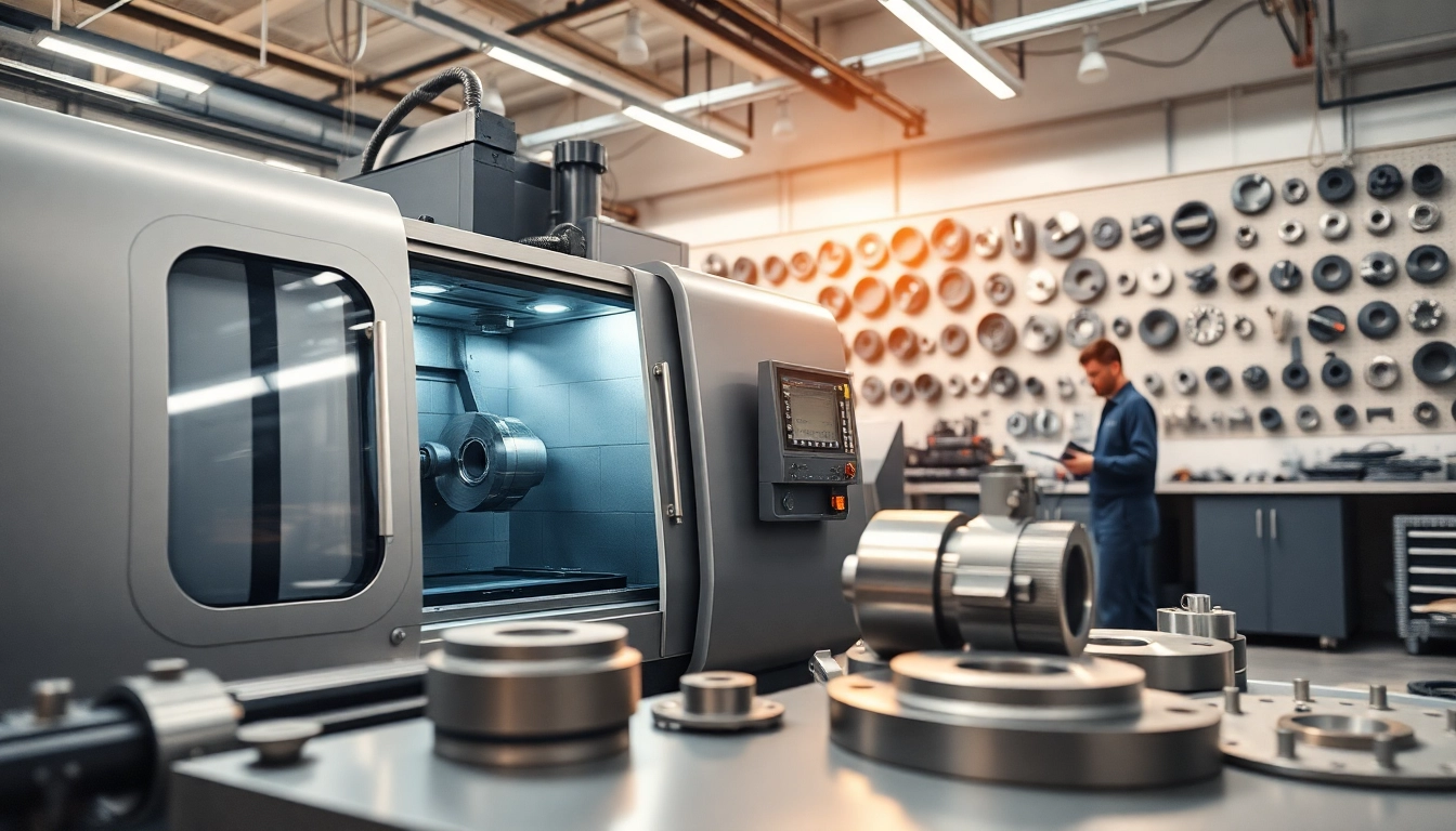 Custom part manufacturer workspace showcasing CNC machines and skilled craftsmanship in action.