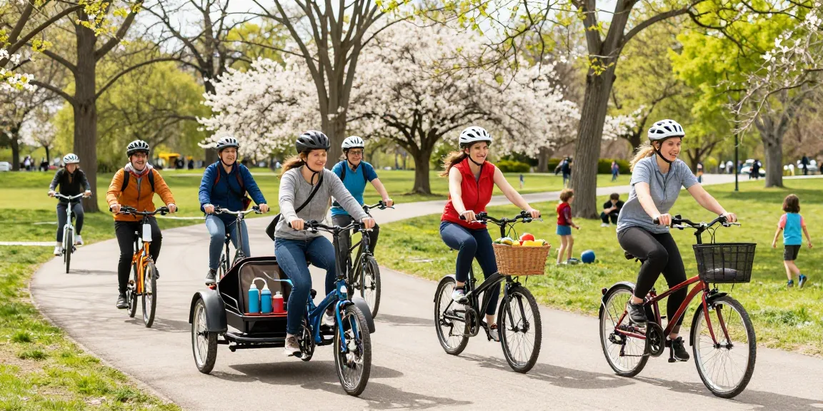 Adults happily cycling on tricycles in a sunny park, showcasing Scout Adult Electric Tricycle.