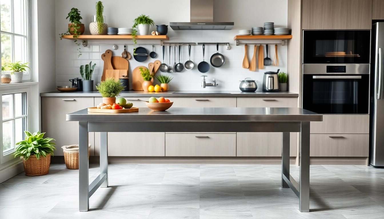 Elegant steel table for kitchen featuring organized utensils and fresh ingredients for cooking.