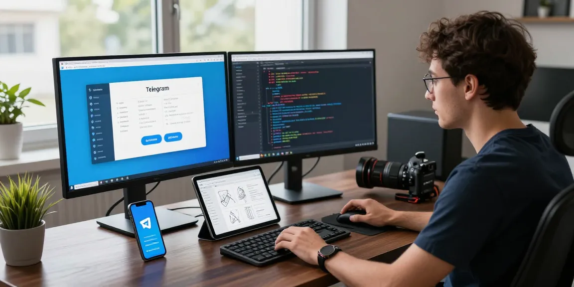 Dynamic workspace showcasing Telegram Download features with a developer at a modern desk, dual monitors displaying coding and app interface.