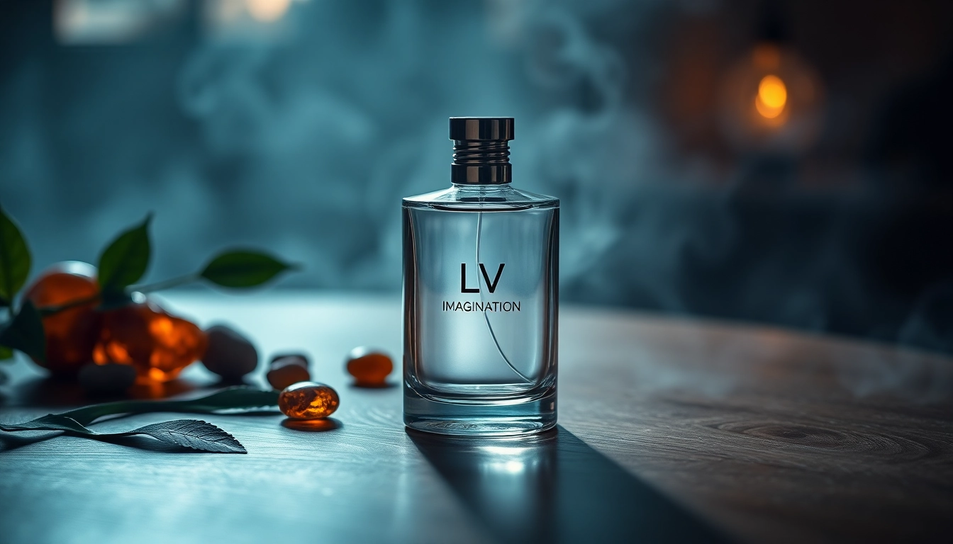 Showcasing the luxurious Lv imagination cologne in a refined setting with natural elements.