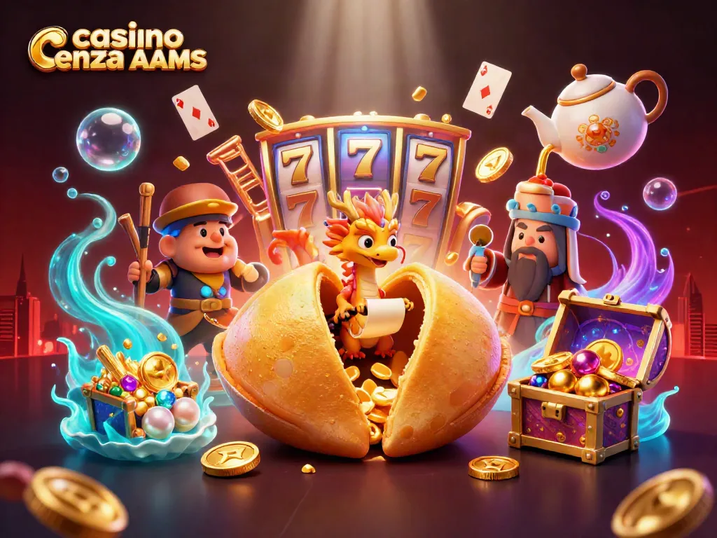 Crea vincite nei casino senza AAMS con una divertente illustrazione che presenta un cookie della fortuna e personaggi unici.