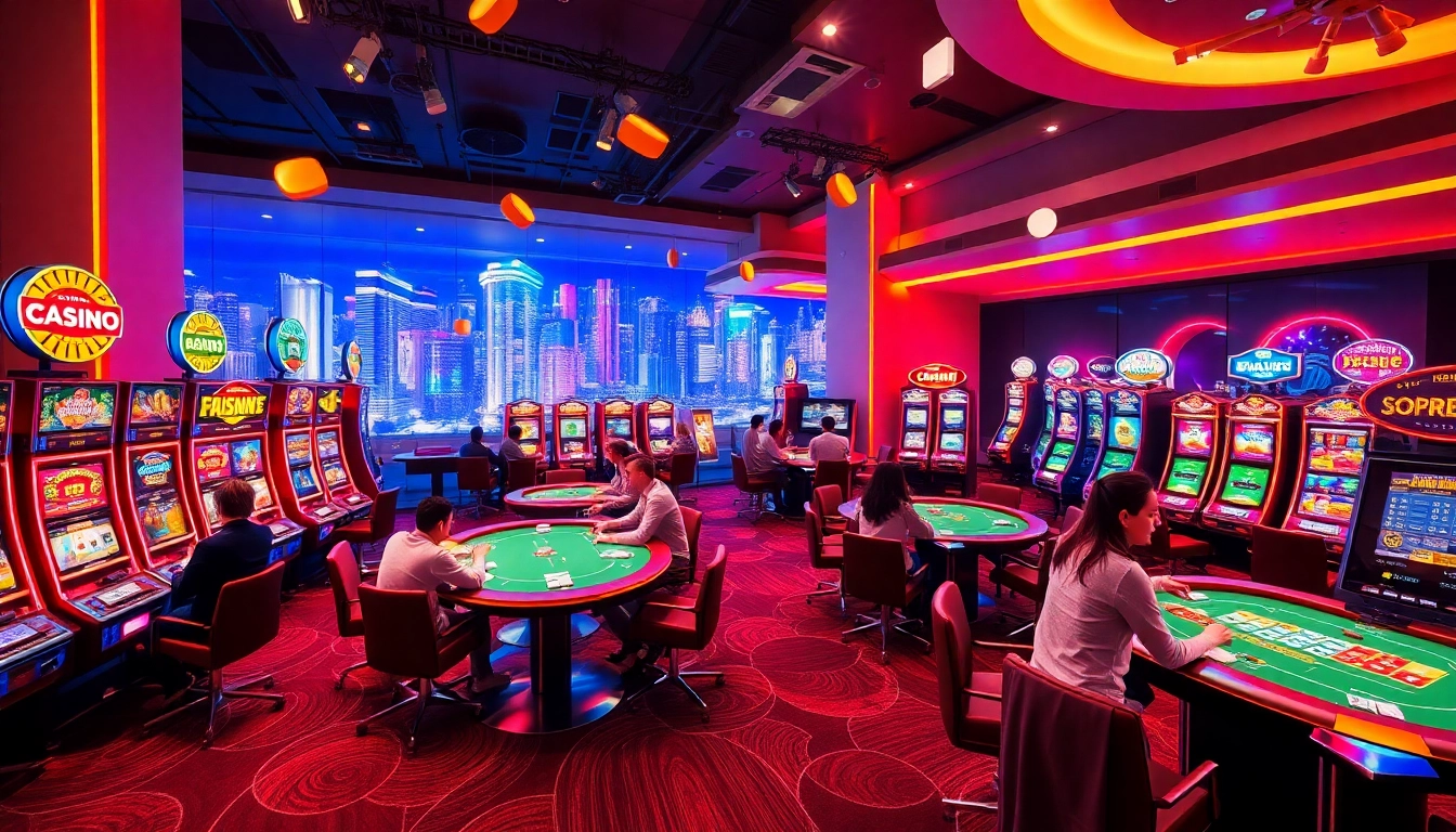 Engaging scene of Non gamstop casino Uk, highlighting lively gaming atmosphere with vibrant lights.
