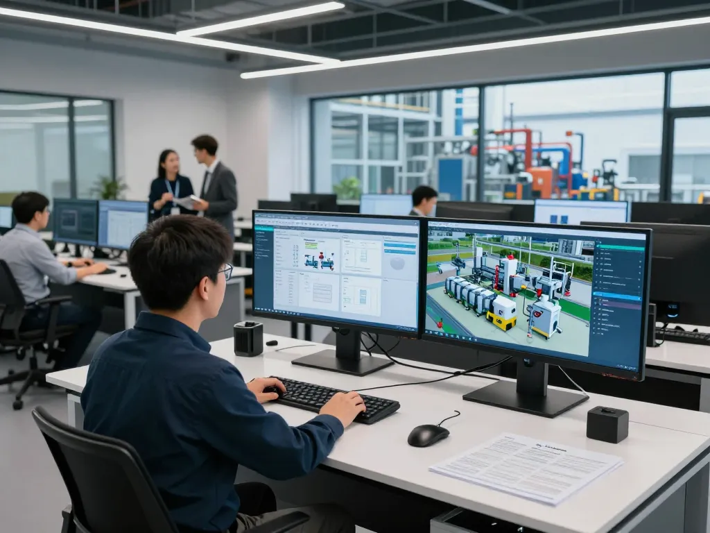 Engineer analyzing Siemens technology solutions in an advanced industrial automation control center.