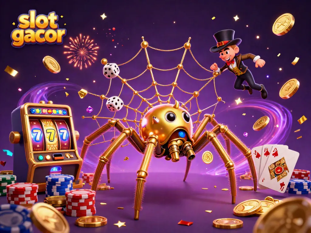 Experience thrilling action with slot gacor as the 3D spider catches dice in its golden web.