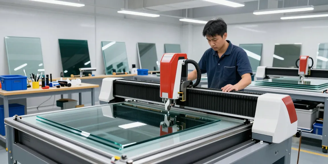 Technician using a glass cutting machine in a modern glass processing workshop.