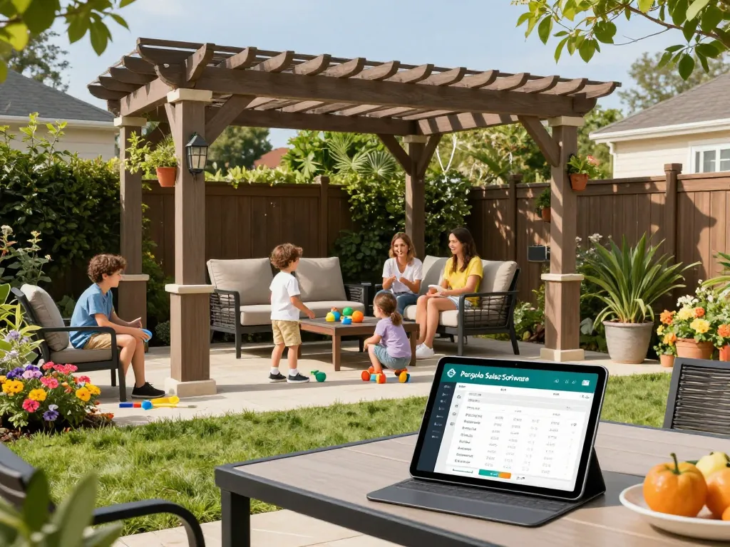 Pergola Sales Software showcased in an interactive setup with a family enjoying a 3D pergola in a sunny backyard.