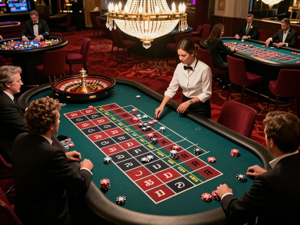 Engaging players place bets on top quality widgets while enjoying roulette in an upscale casino.