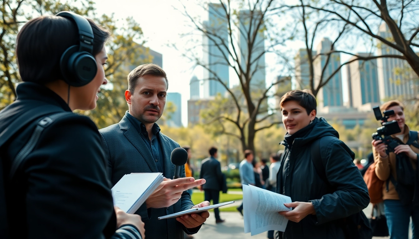 Capturing the essence of news with a journalist interviewing a source in the city.