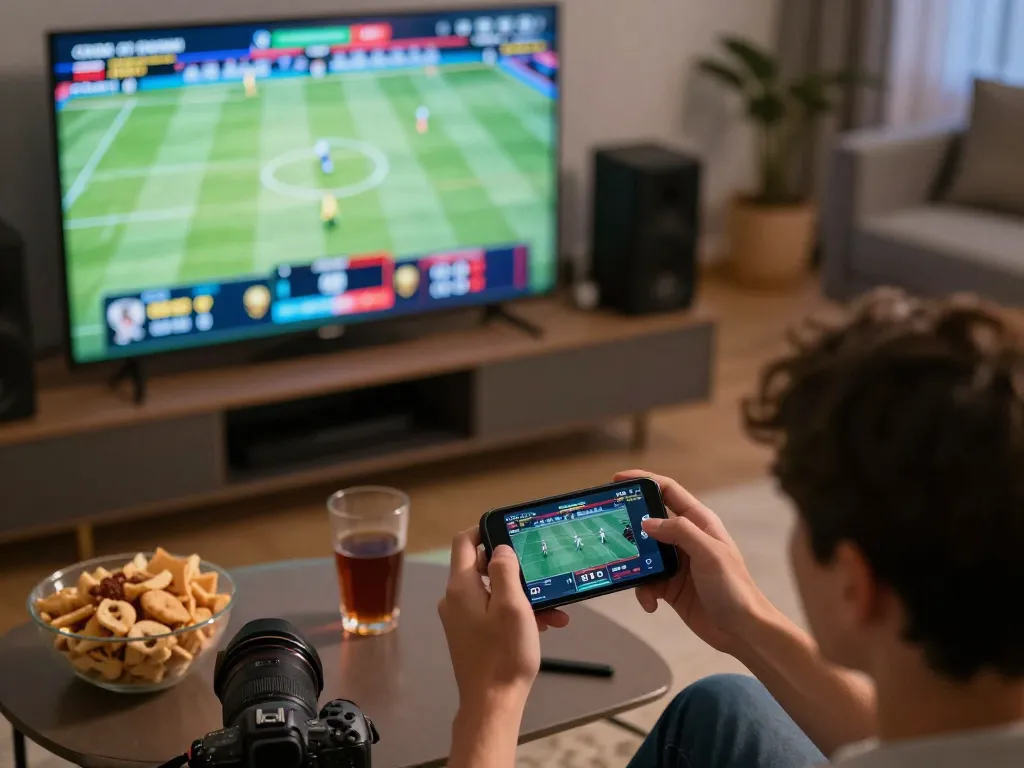 Live sports betting session at home showcasing tin soi kèo app on smartphone with betting odds visible, creating an engaging gaming atmosphere.