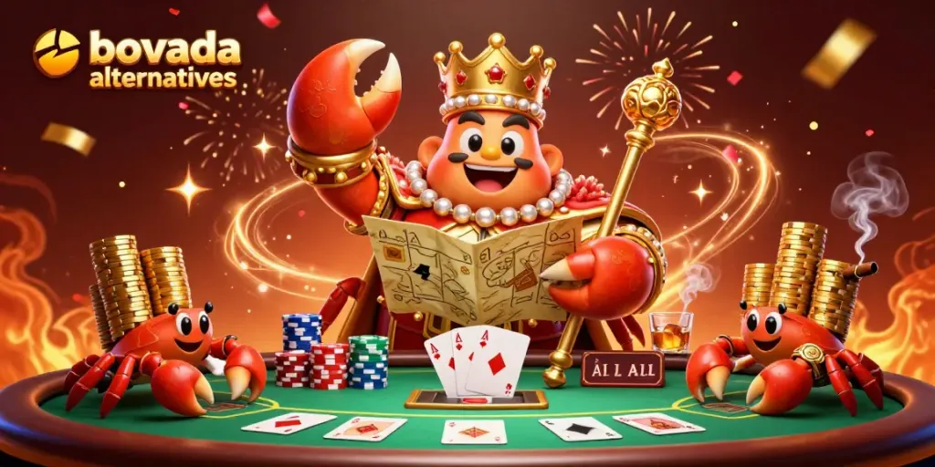 Explore bovada alternatives with cartoon casino characters amidst vibrant gambling elements.