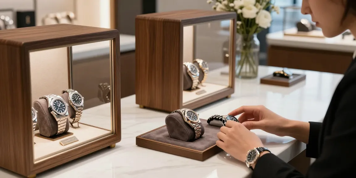 Examining premium super clone watches in a luxurious jewelry shop.