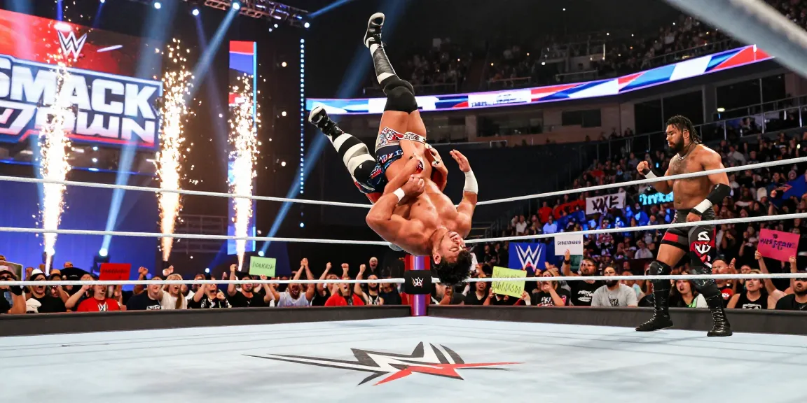 WWE SmackDown action scene featuring a wrestler performing a suplex amidst cheering fans, capturing high-energy entertainment.