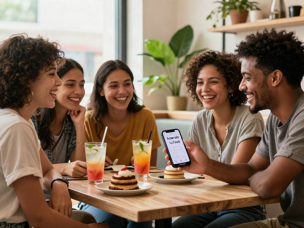 Group of friends using the "how old do I look" app in a sunny café, capturing joyful moments.
