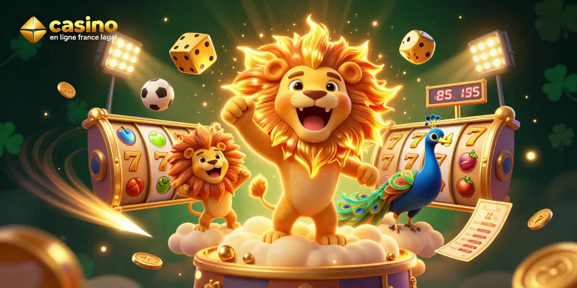 Plongez dans l'univers du casino en ligne légal en France avec un lion radieux et des éléments captivants.