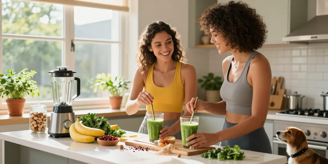 Vegan astaxanthin smoothie ingredients in a sunny kitchen.