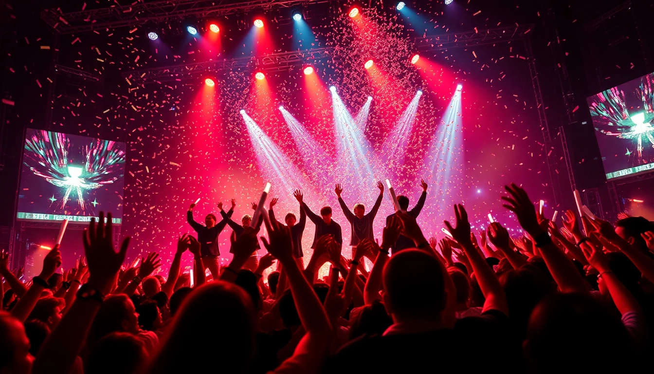Catch the latest BTS news with this energetic concert scene showcasing fans and vibrant lights.