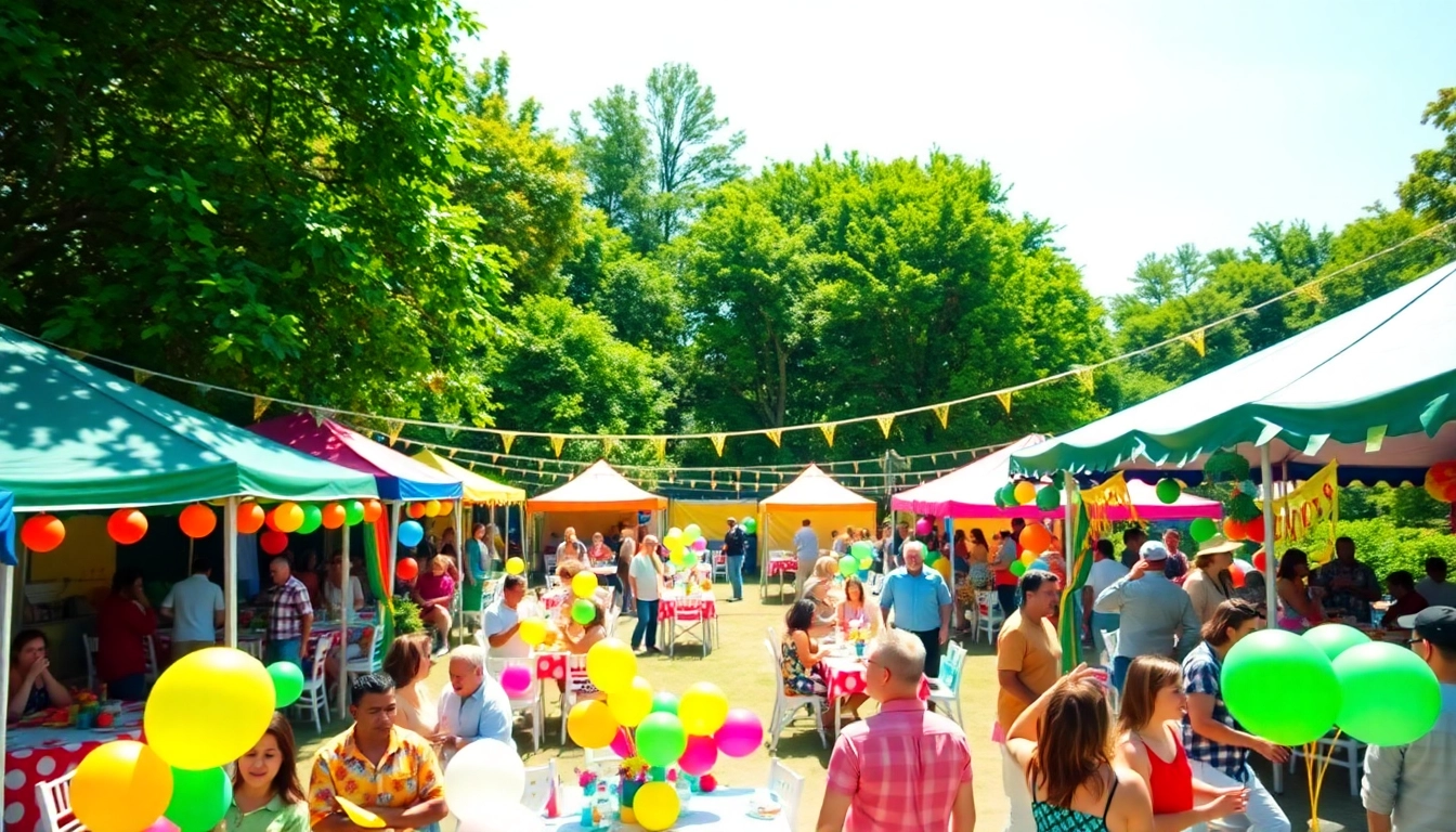 Vibrant outdoor party rentals near me showcasing tents, tables, and joyful guests celebrating.