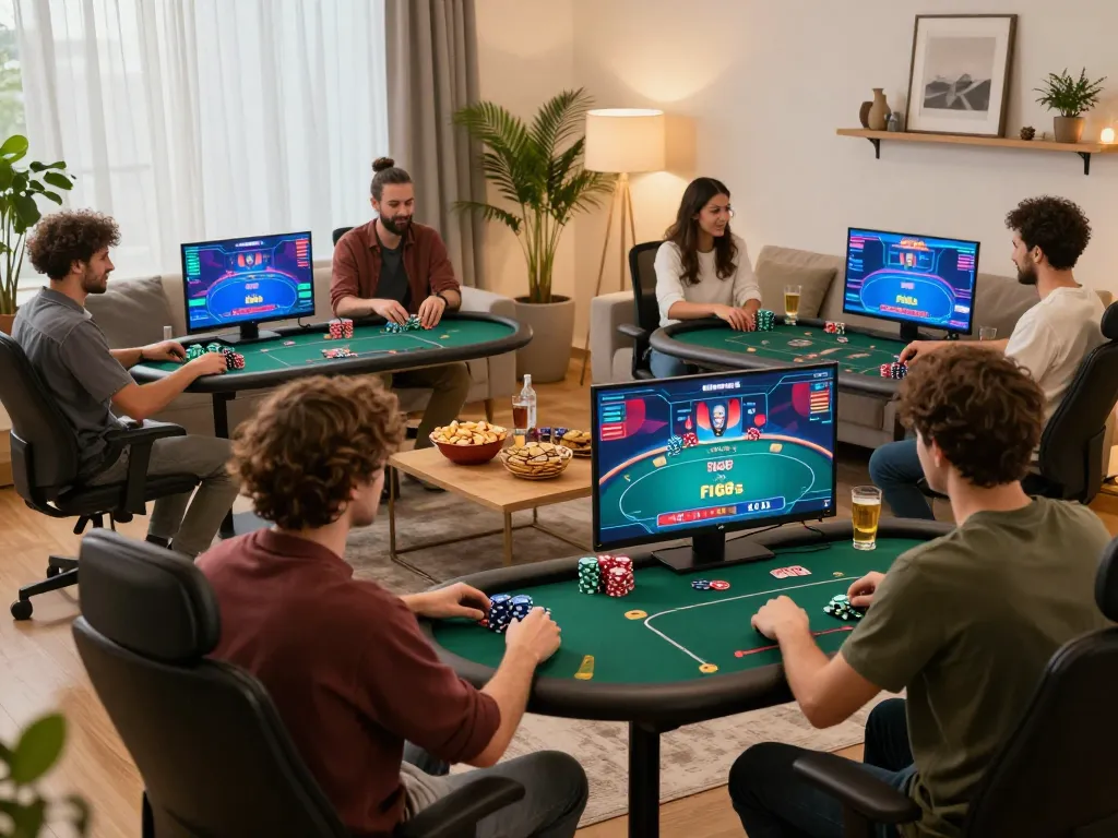 Friends playing poker on F168 online platform during a fun night at home