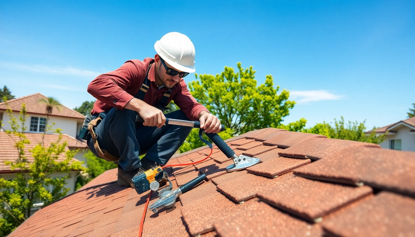 Roofer executing a roof repair on a residential home, highlighting detailed processes and tools.