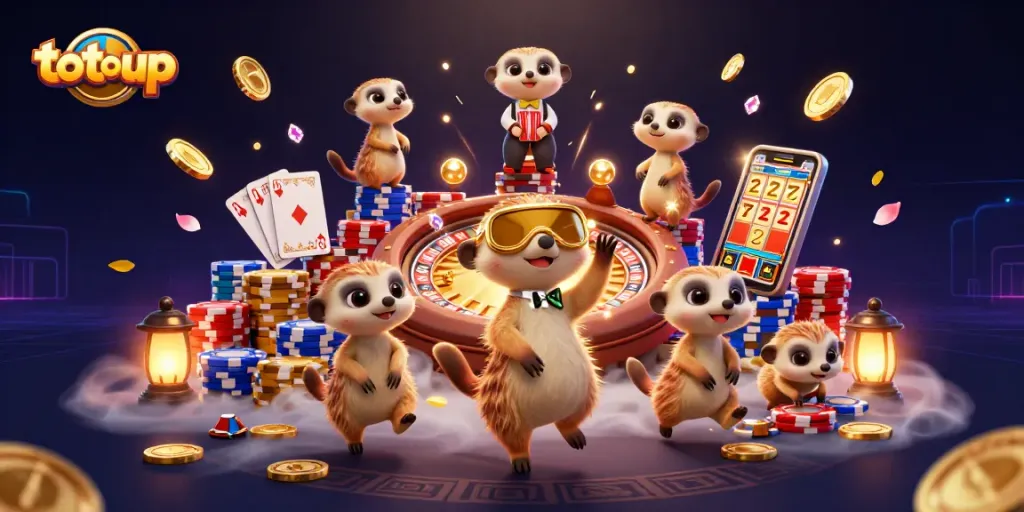 Engage with totoup in a thrilling meerkat-run casino scene featuring dynamic gaming action.