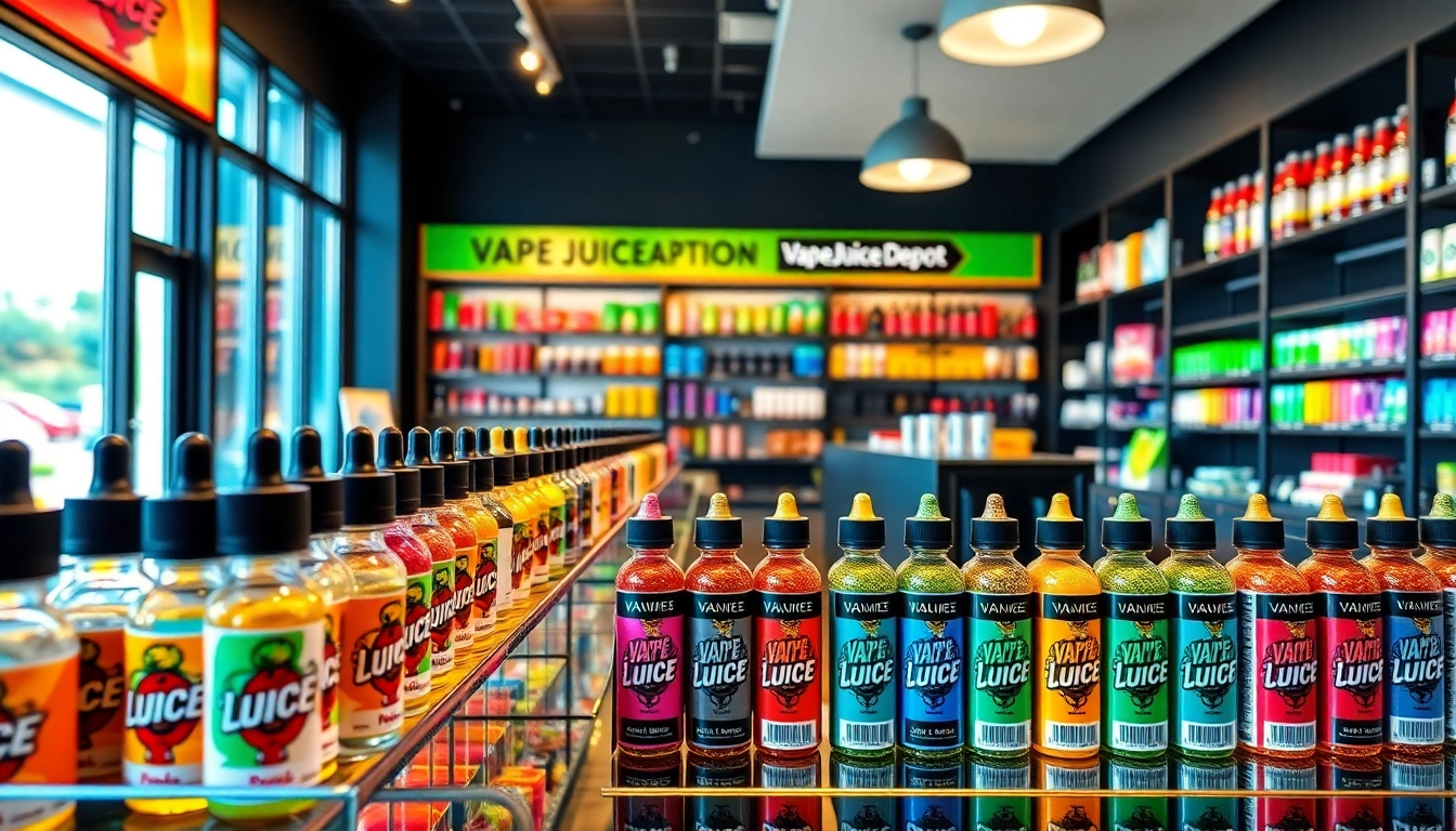 Showcase of various vape juices at Vape Juice Depot with colorful bottles and modern display.