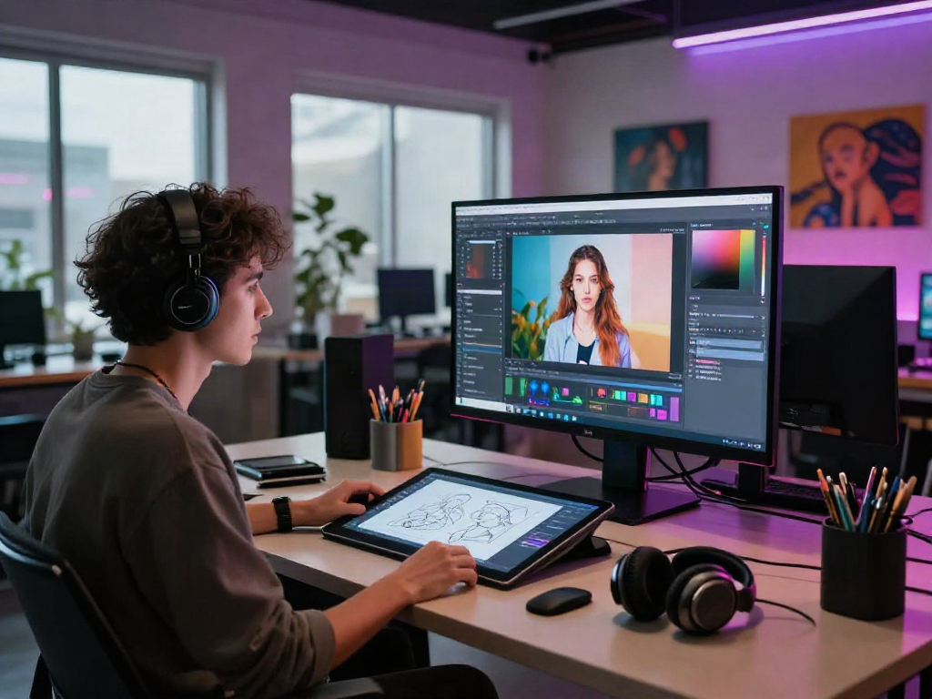 Adult content artist using nsfw ai technology in a creative workspace.