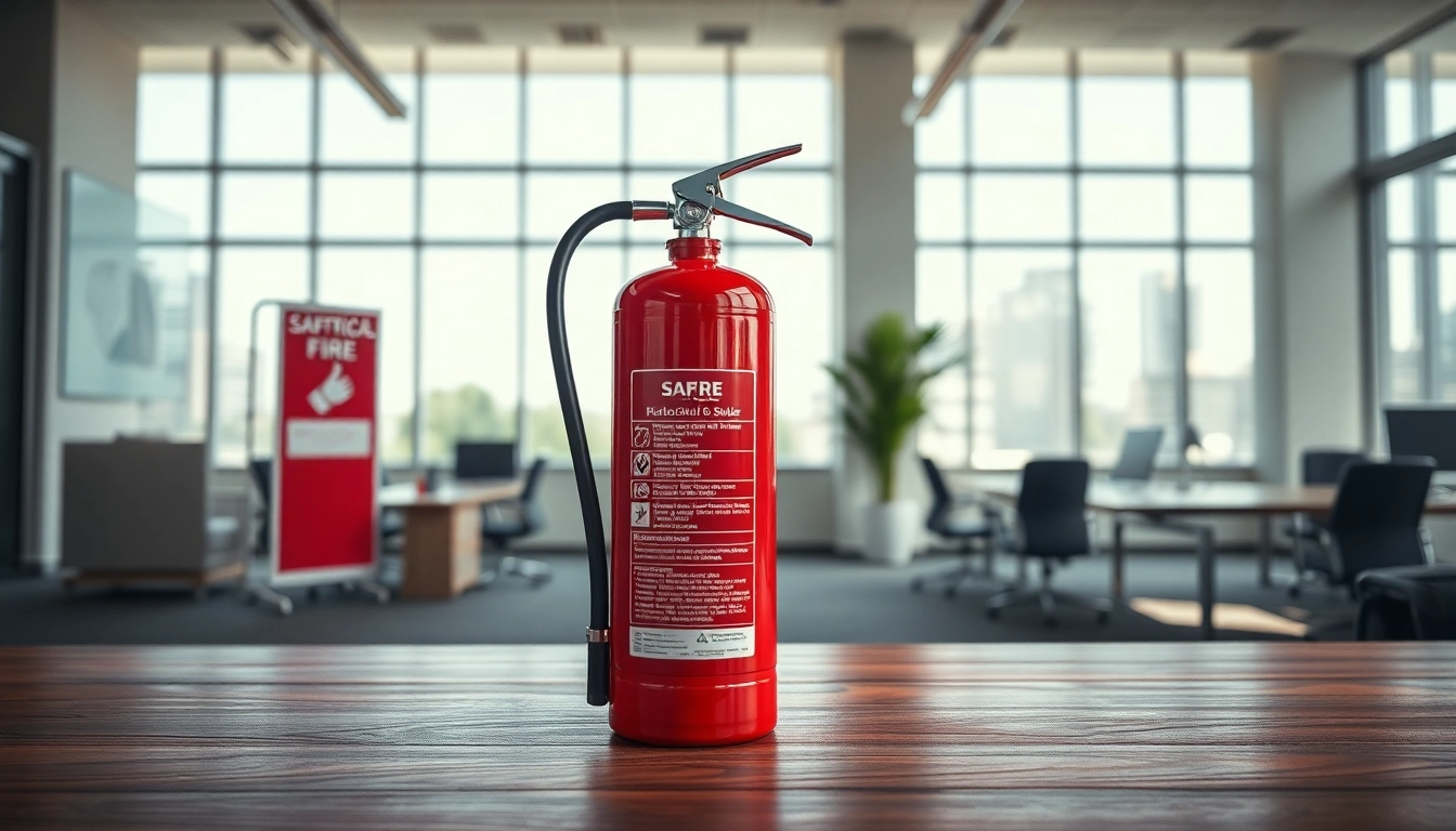 Showing an electrical fire extinguisher in an office setting emphasizing safety preparedness.
