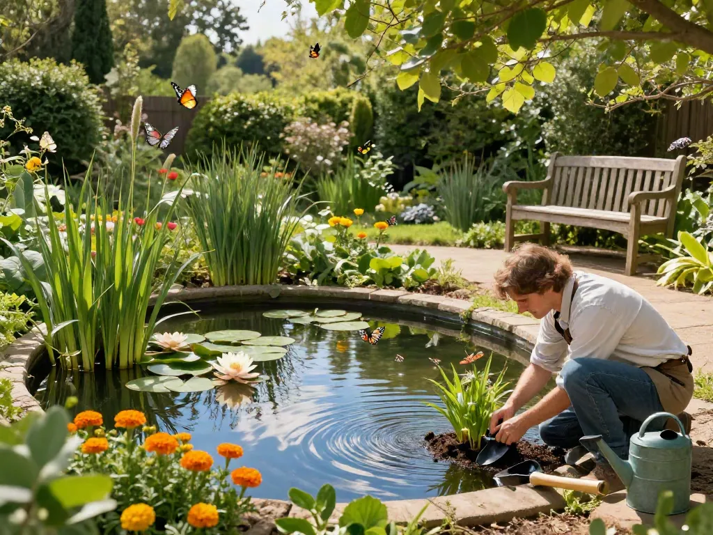 Vibrant British pond plants in a peaceful garden pond scene, highlighting sustainable aquatic gardening practices with a gardener at work.