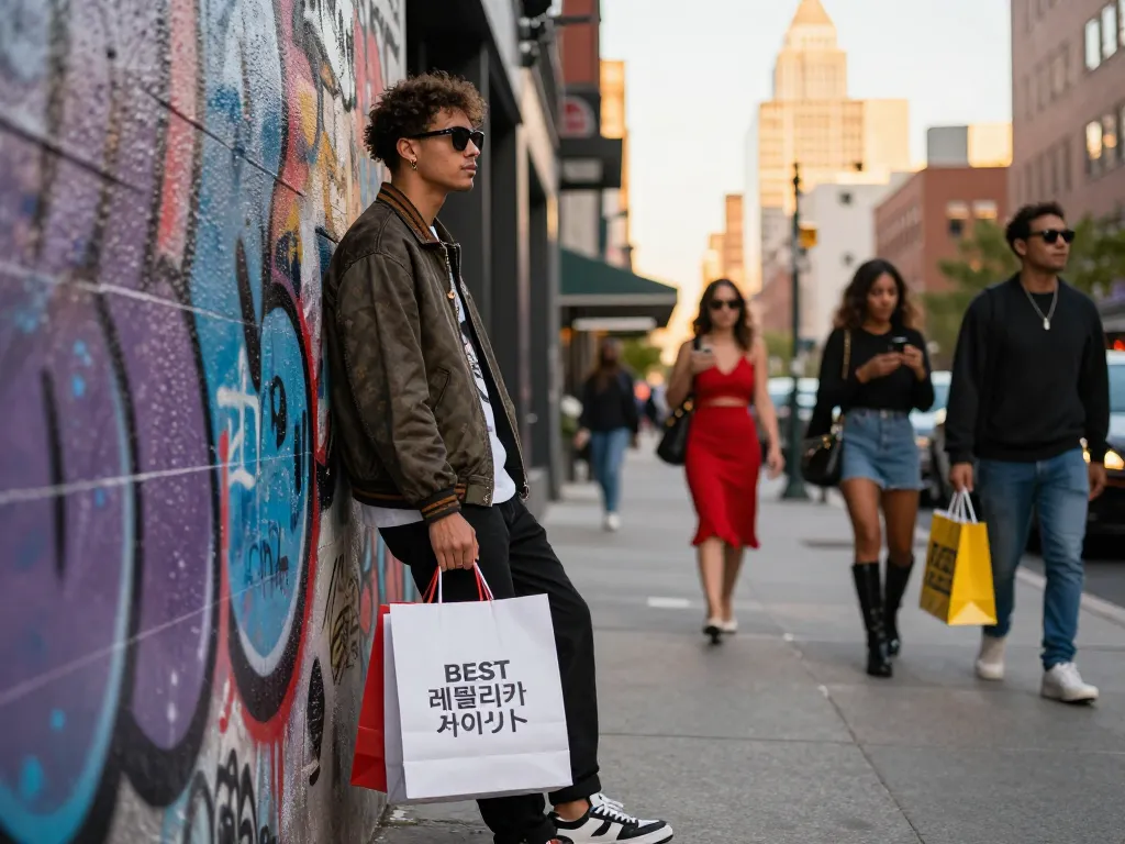 Fashion-forward individual showcasing trendy outfits near popular 레플리카 사이트 in vibrant city.