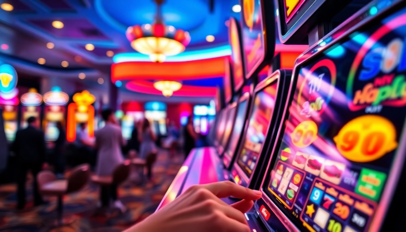 Permainan slot777 yang menarik dengan mesin slot berputar dan lampu neon cerah.