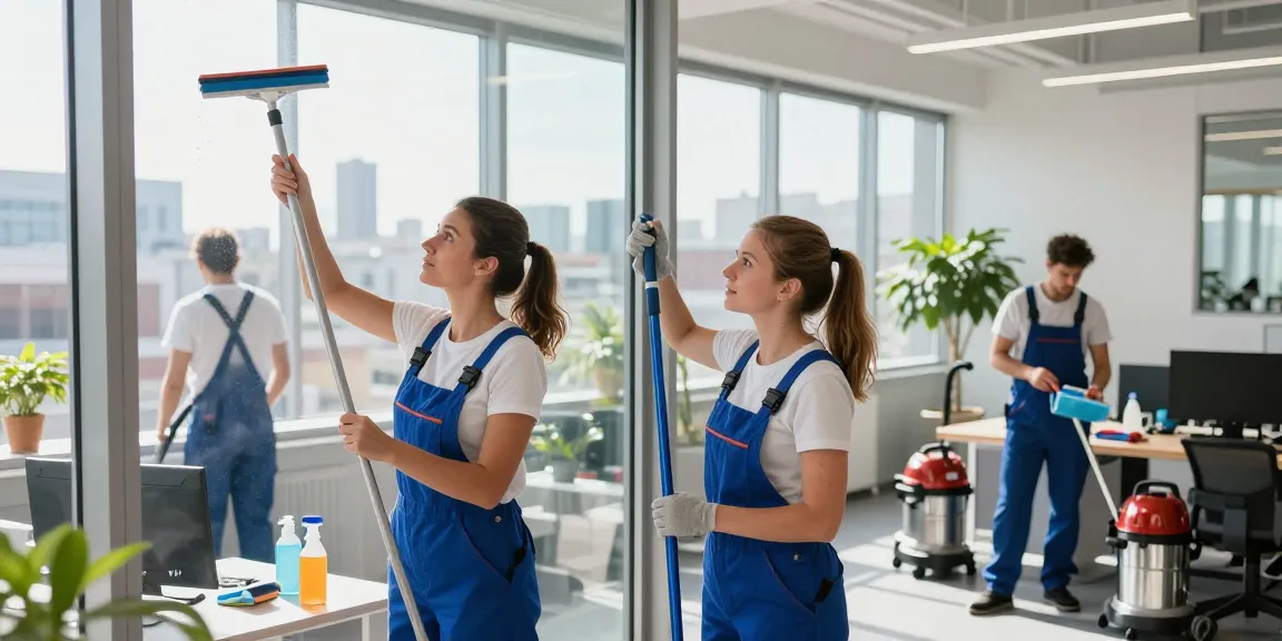 Professionelle Gebäudereinigungsfirma in Dortmund beim effektiven Fensterputzen.