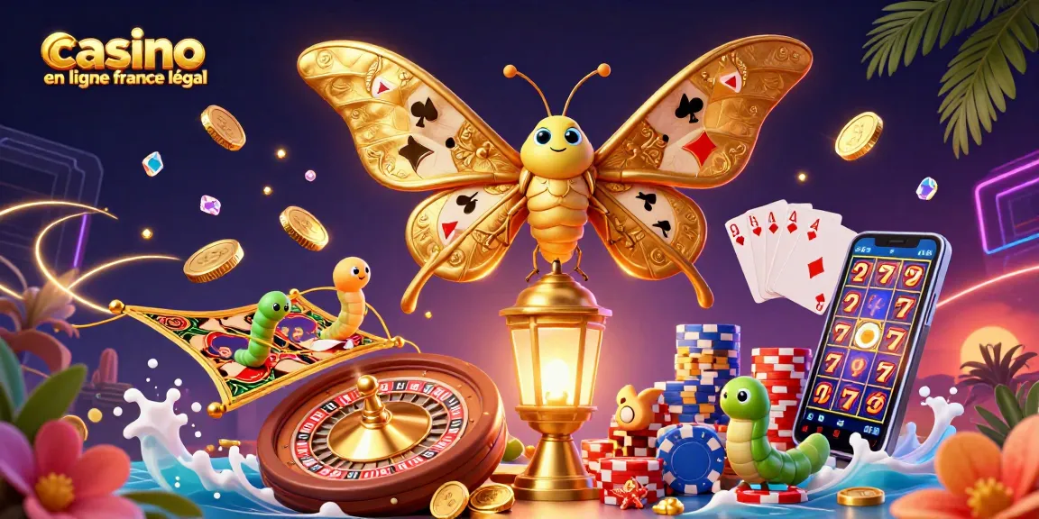 Illustration captivante de casino en ligne France légal avec un papillon atlas et des pièces dorées.