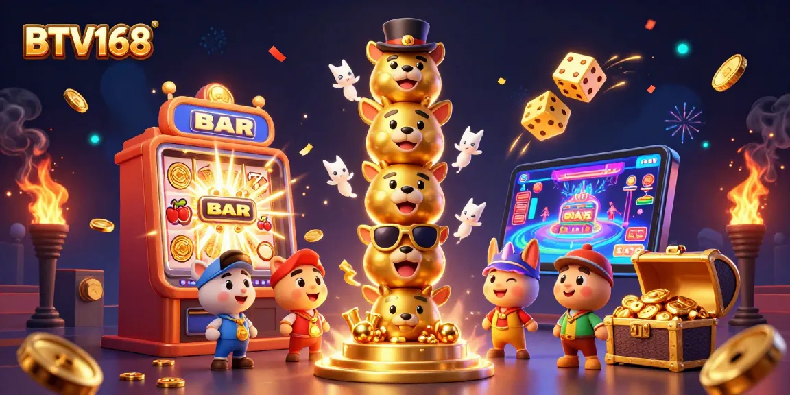 Experience the excitement of BTV168 with vibrant 3D totem pole and dynamic slot machine graphics.