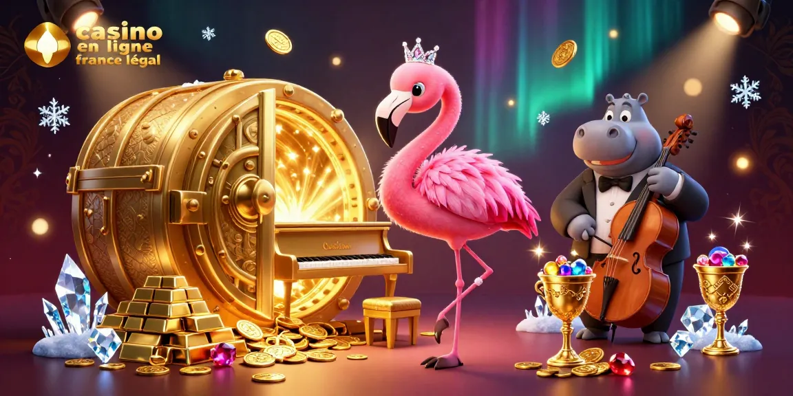 Illustration dynamique d'une chanteuse de casino et un bassiste qui présente le casino en ligne France légal, entourée de trésors scintillants.