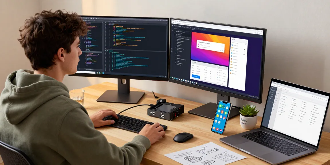 Dynamic workspace featuring a developer engaging with crushonai's interface and coding elements, illustrating a creative tech environment.