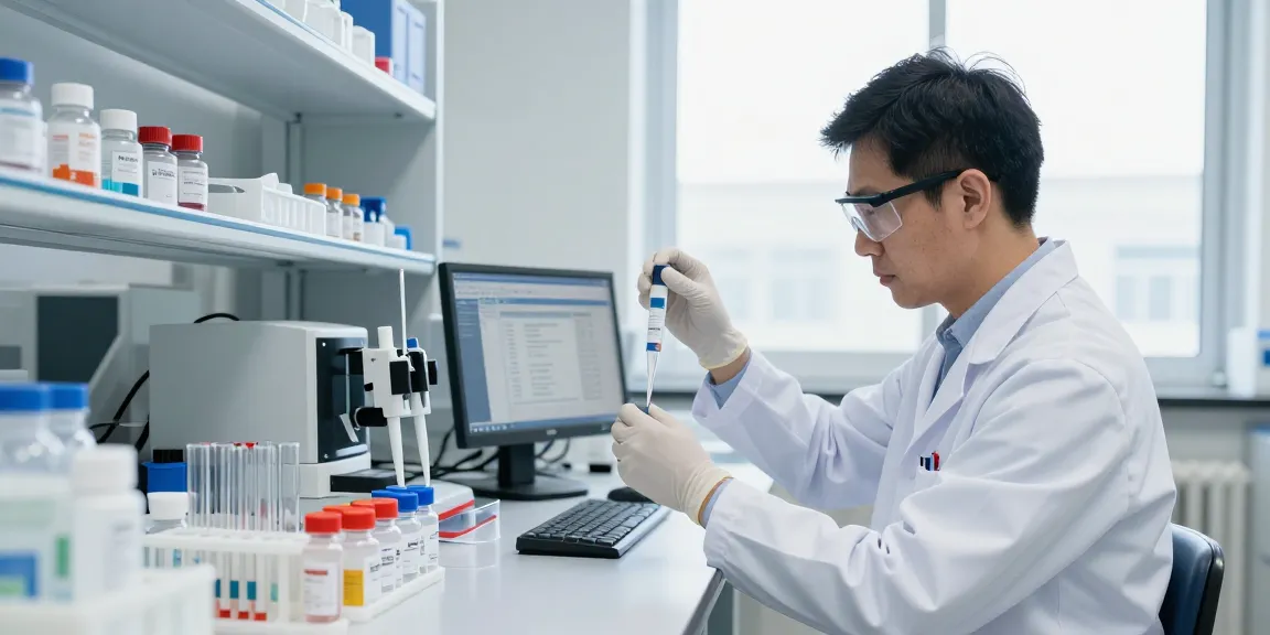 Researching SwissChems Peptides in a dynamic lab environment with scientific equipment and data analysis.