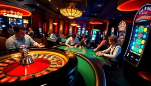 Enjoying the thrill of casino gaming at https://rr88ez.com/, players engage at vibrant roulette and slot machines.